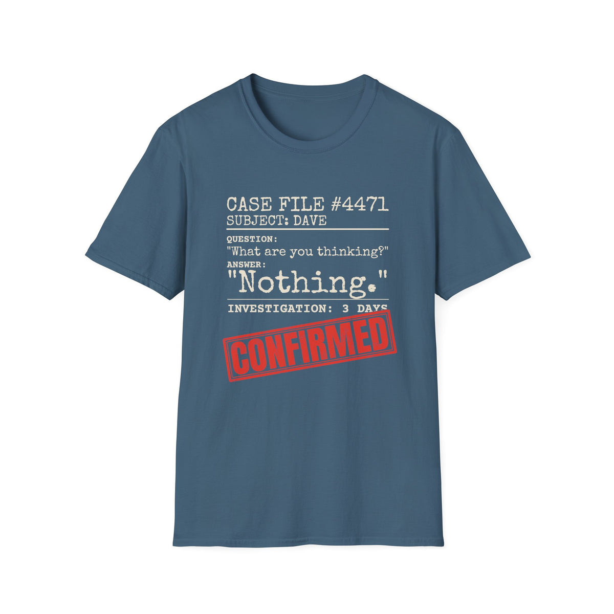 Case File Dad Joke t-shirt in Indigo Blue, front view
