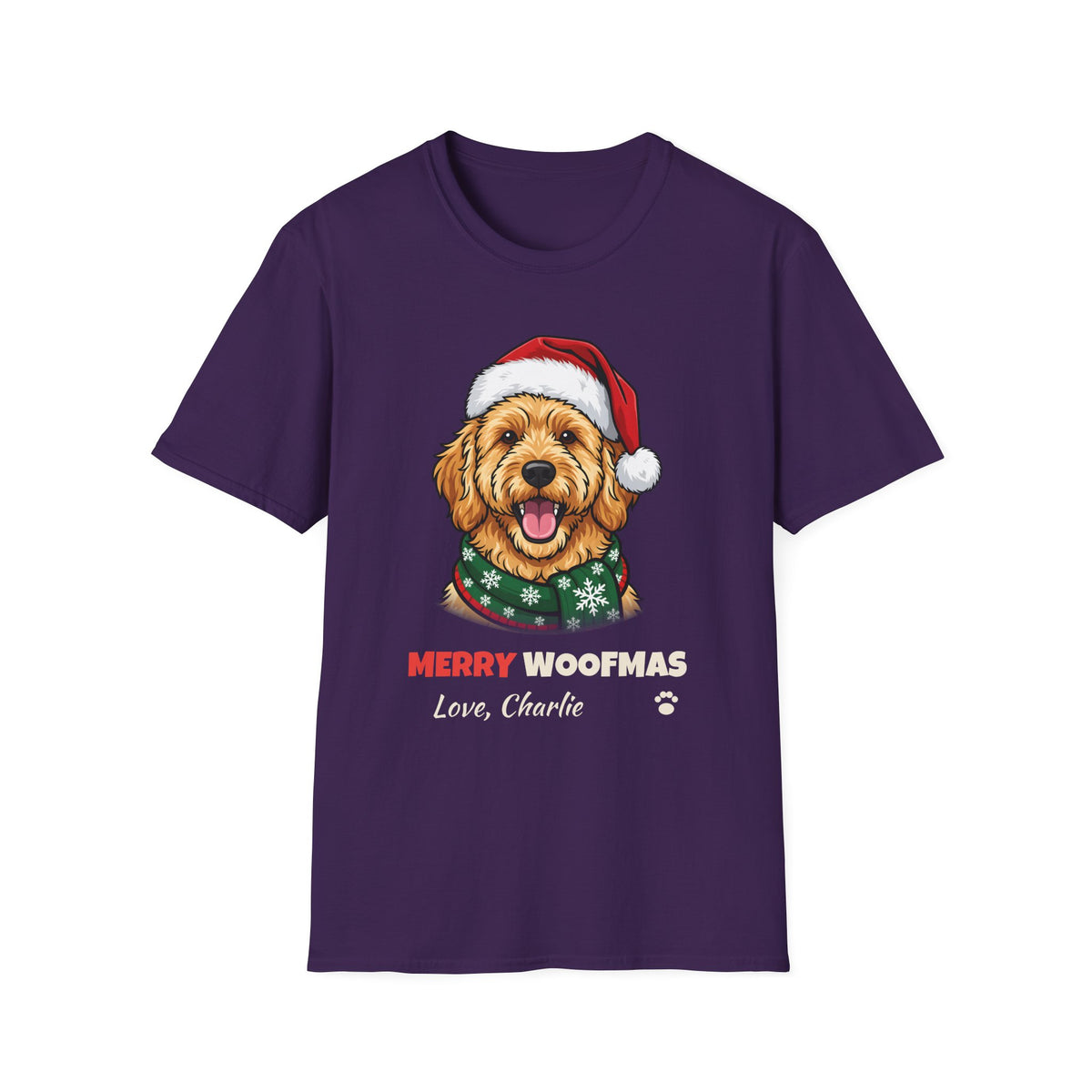Merry Woofmas Goldendoodle Christmas t-shirt in Purple, front view