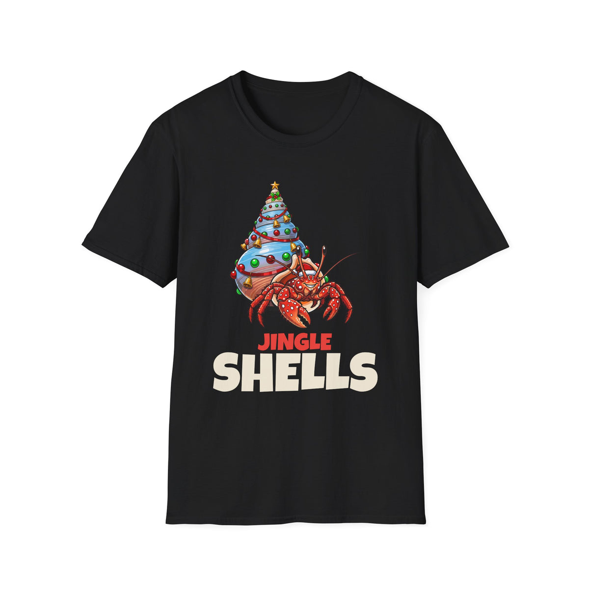 Jingle Shells Christmas t-shirt in Black, front view