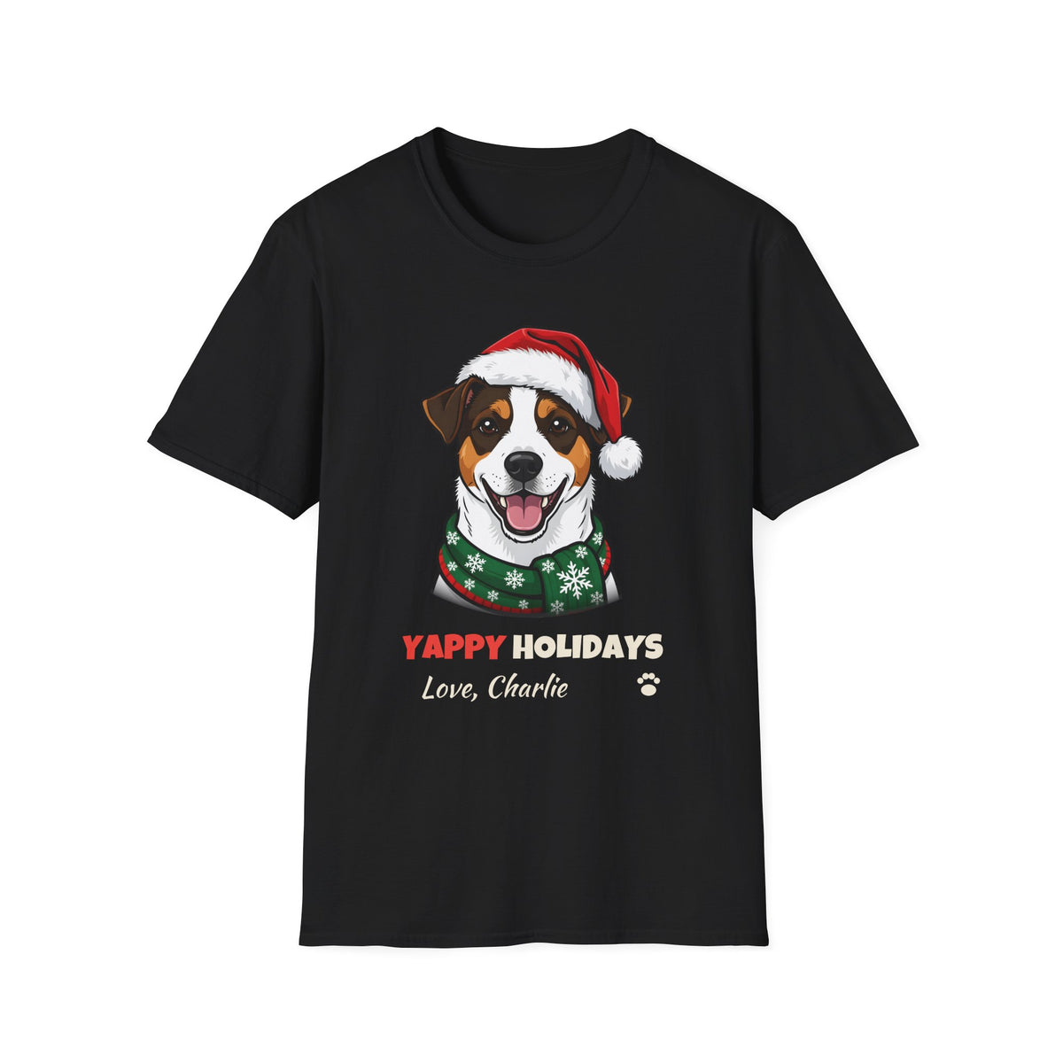 Yappy Holidays Jack Russell Terrier Christmas t-shirt in Black, front view