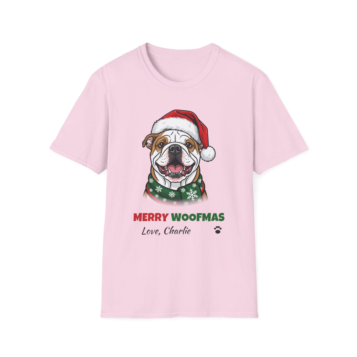 Merry Woofmas Bulldog Christmas t-shirt in Light Pink, front view