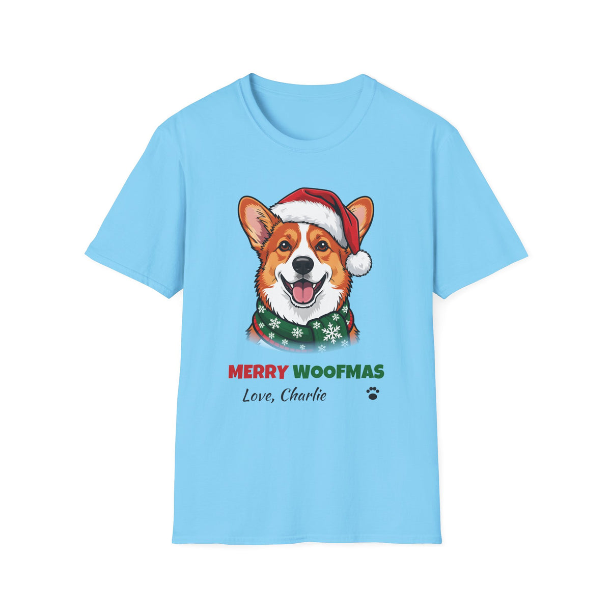 Merry Woofmas Corgi Christmas t-shirt in Sky, front view