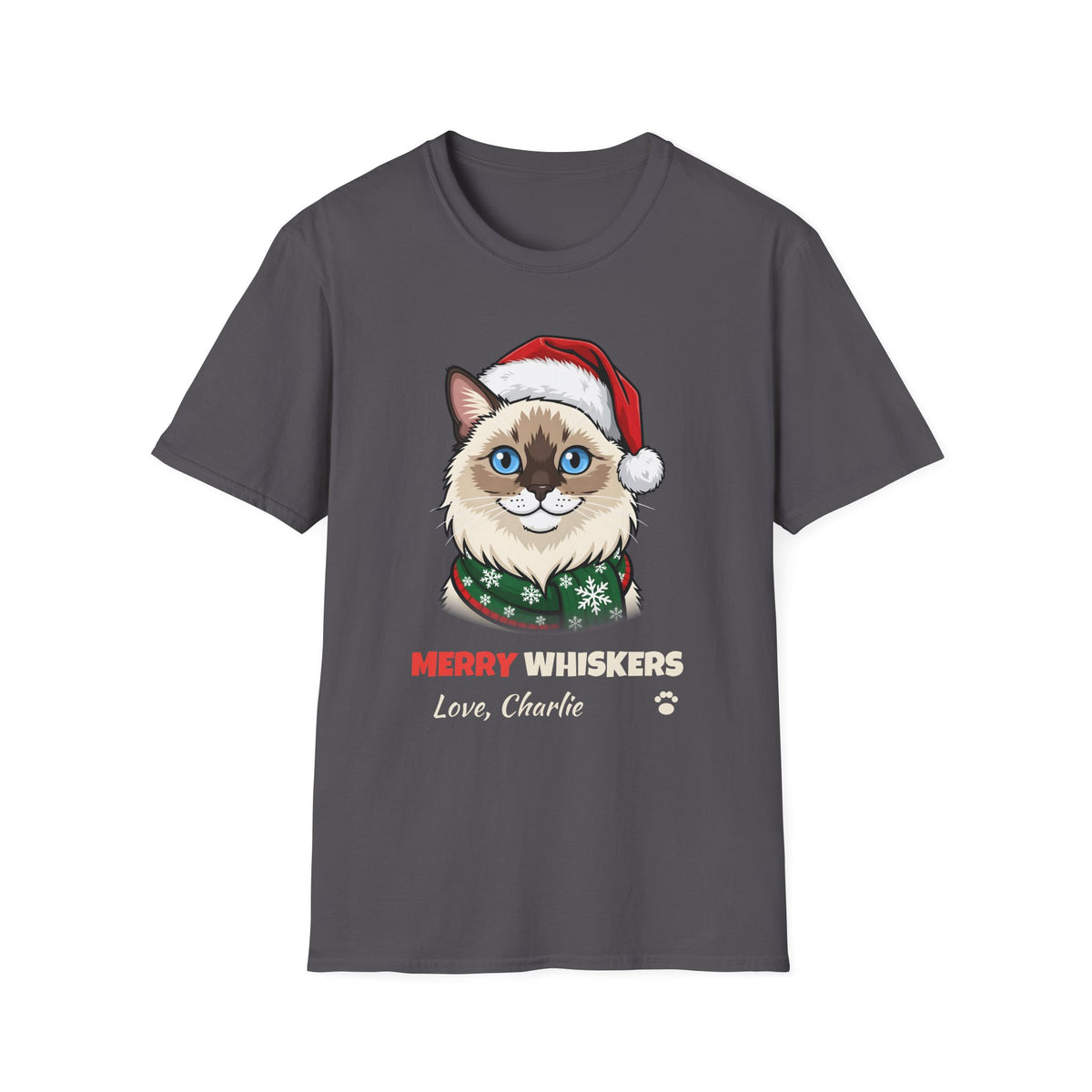 Merry Whiskers Ragdoll Cat Christmas t-shirt in Charcoal, front view