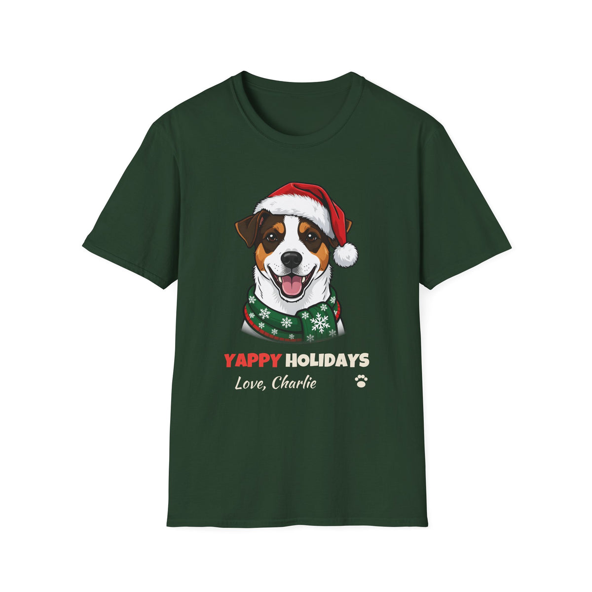 Yappy Holidays Jack Russell Terrier Christmas t-shirt in Forest Green, front view