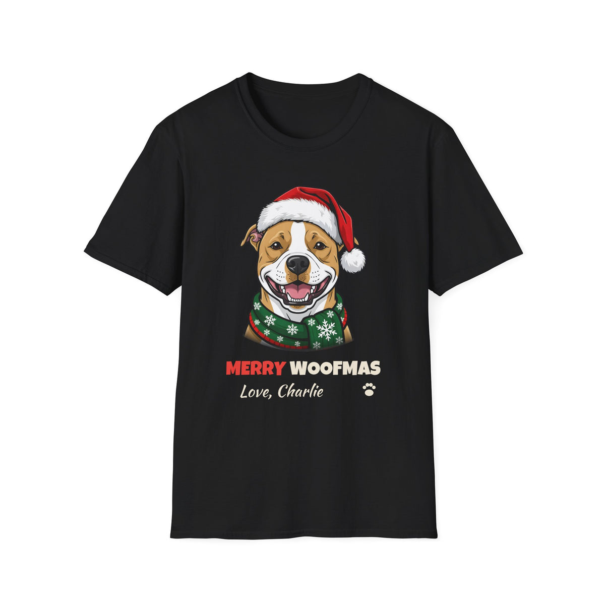 Merry Woofmas Pit Bull Christmas t-shirt in Black, front view