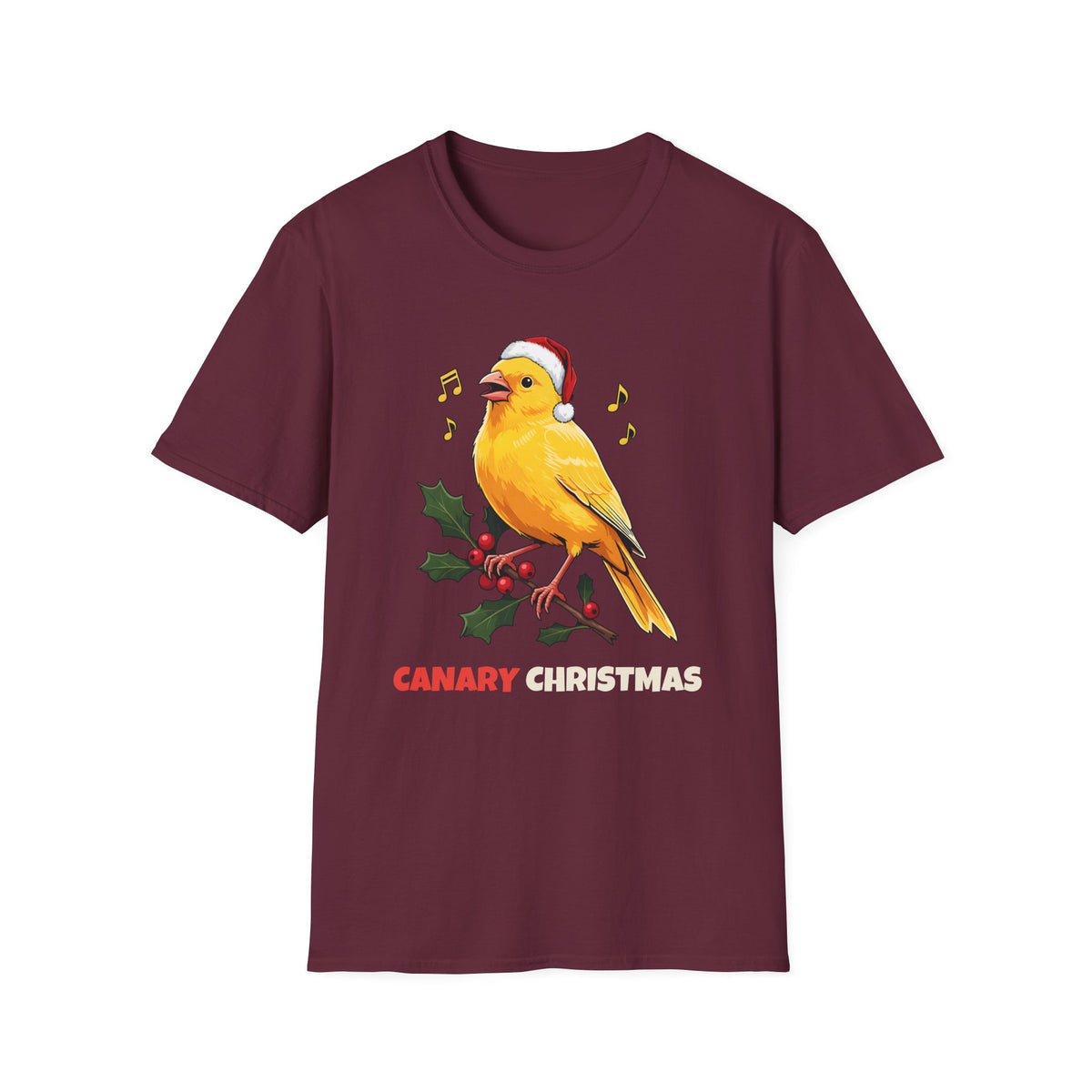 Canary Christmas t-shirt in Maroon, front view