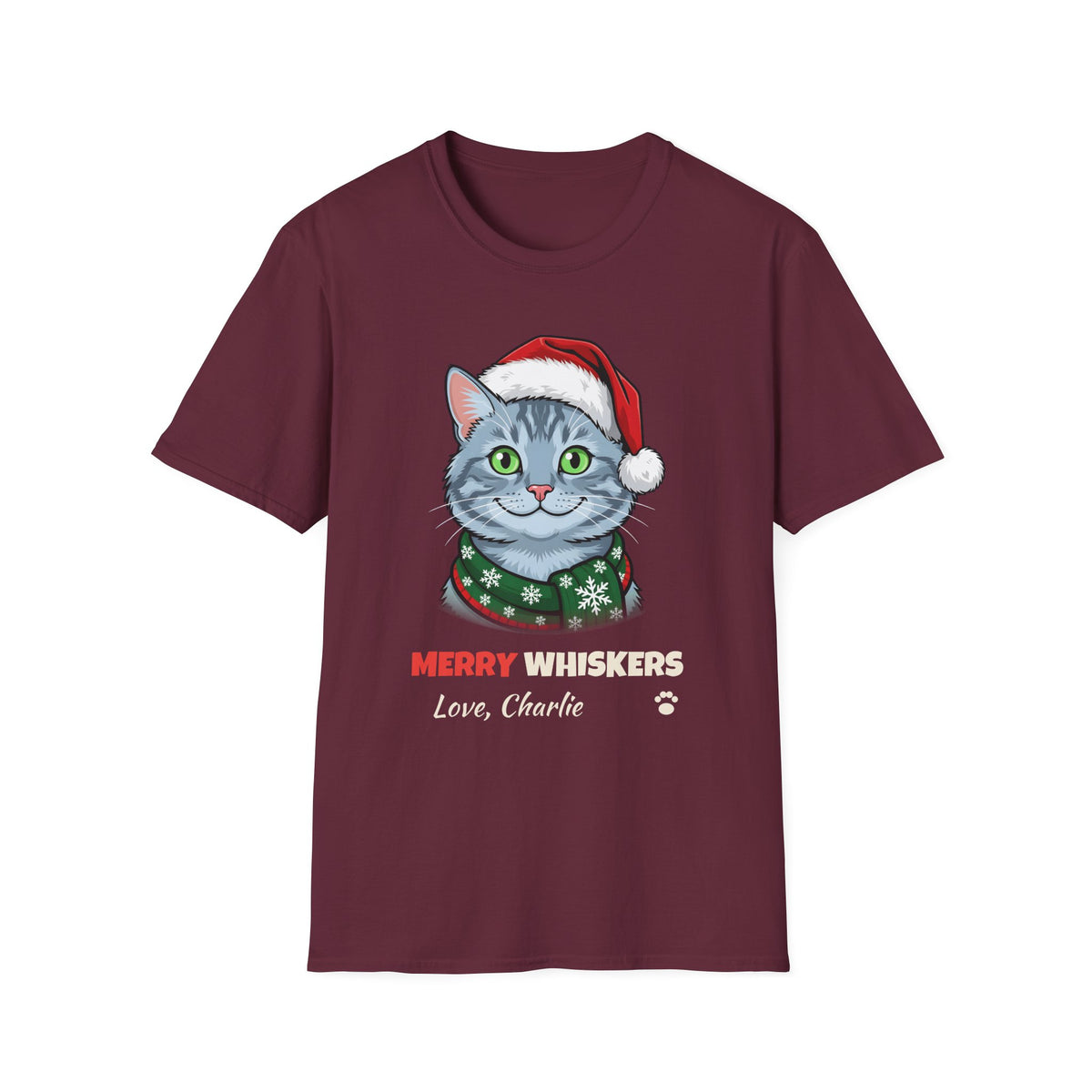 Merry Whiskers Gray Cat Christmas t-shirt in Maroon, front view