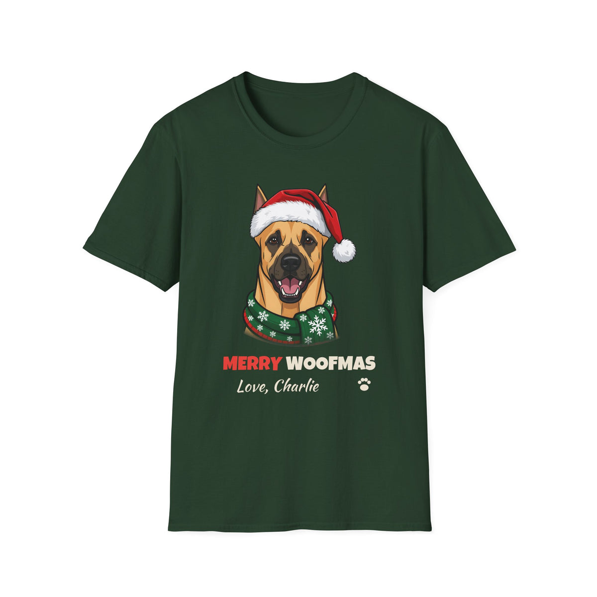 Merry Woofmas Great Dane Christmas t-shirt in Forest Green, front view