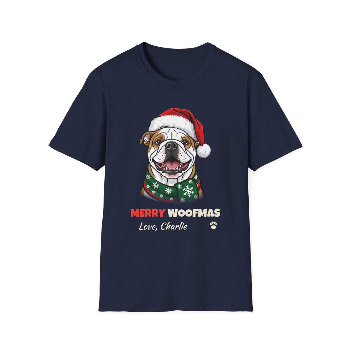 Merry Woofmas Bulldog Christmas t-shirt in Navy, front view