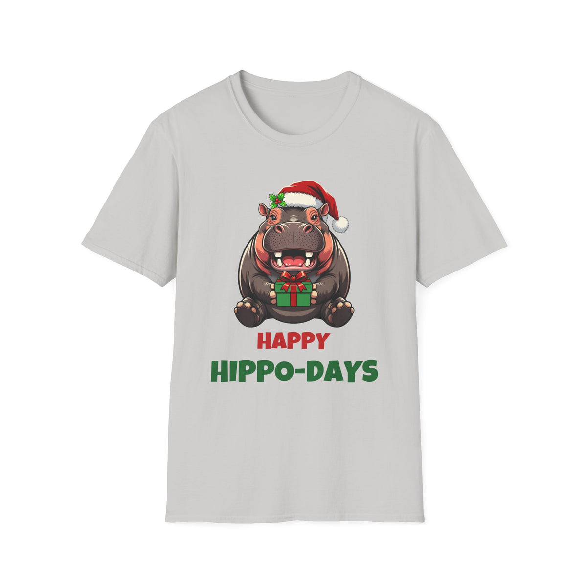 Happy Hippo-Days Christmas t-shirt in Ice Gray, front view