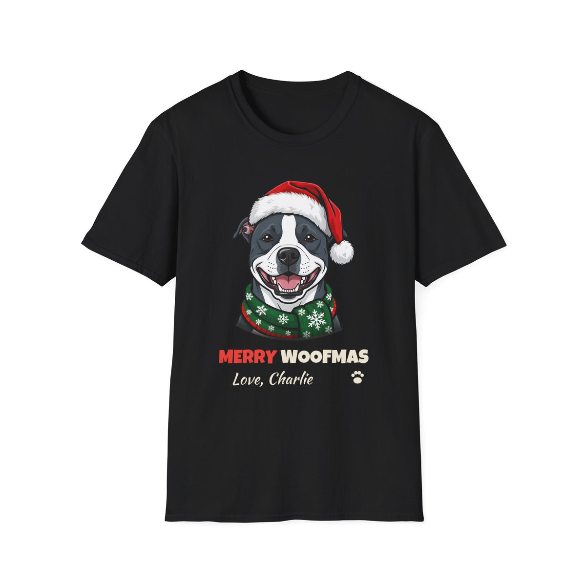 Merry Woofmas Blue Pit Bull Christmas t-shirt in Black, front view