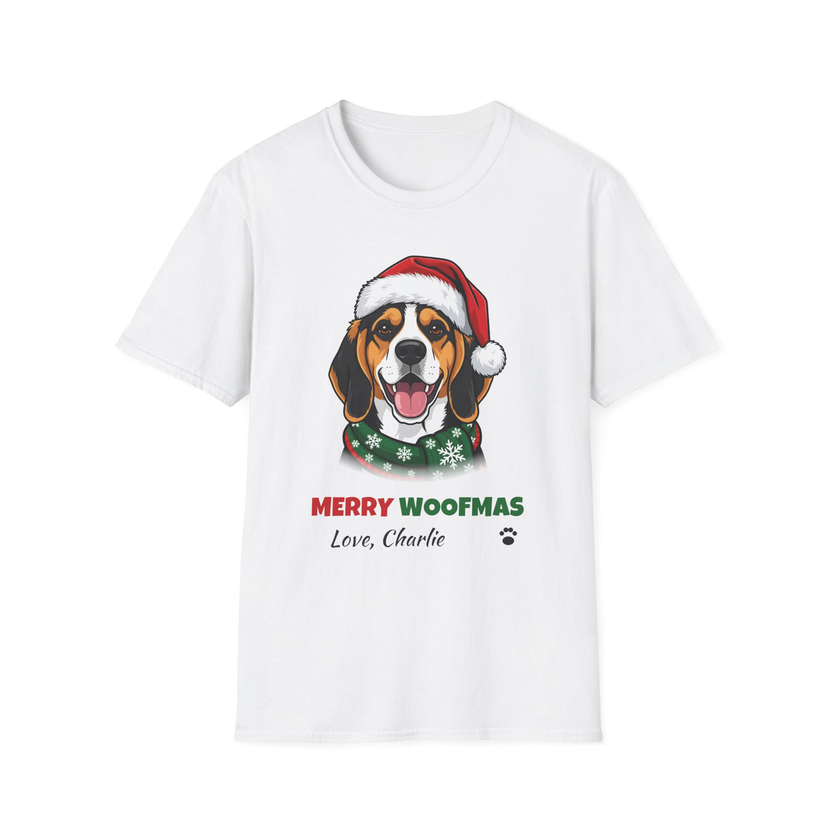 Merry Woofmas Beagle Christmas t-shirt in White, front view