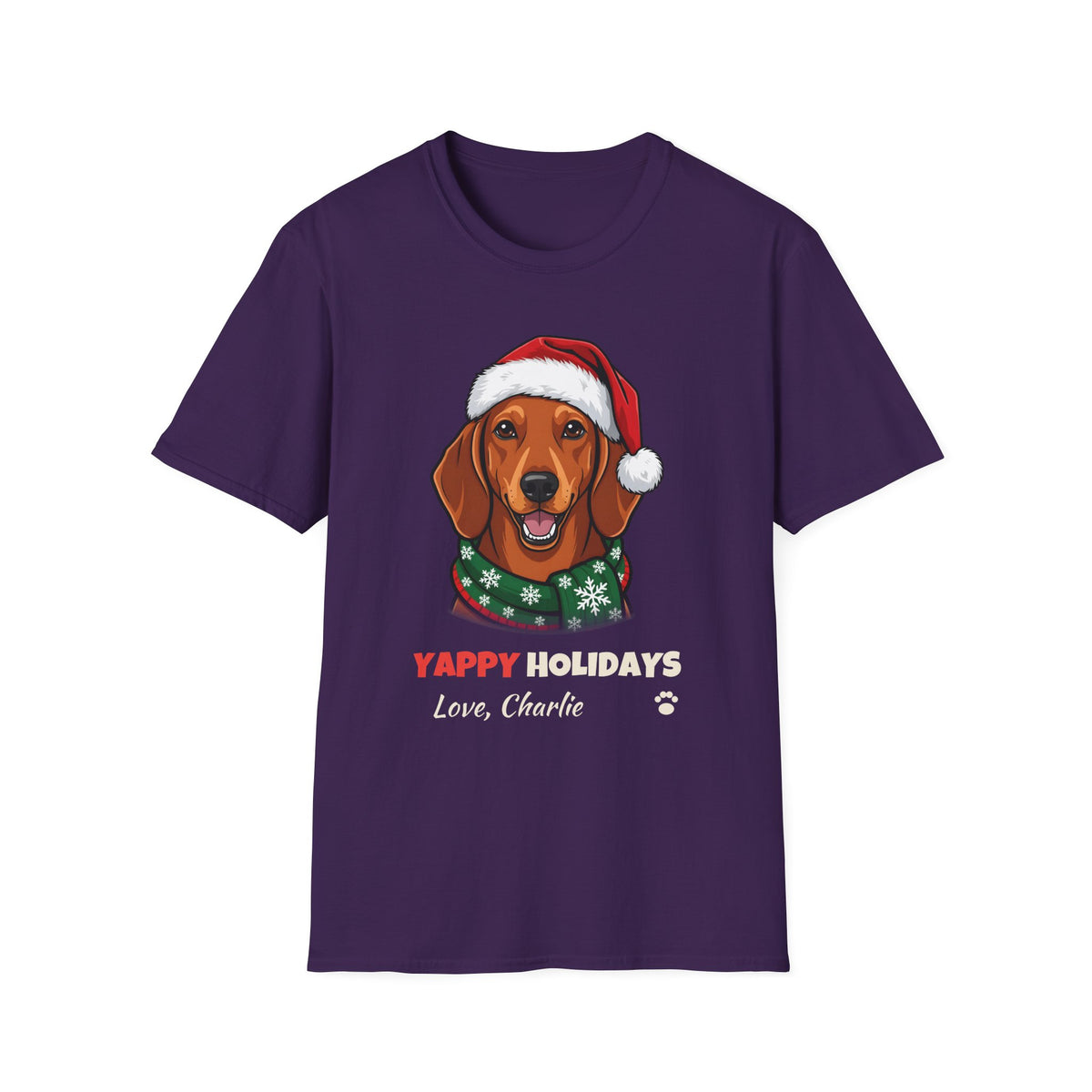Yappy Holidays Dachshund Christmas t-shirt in Purple, front view