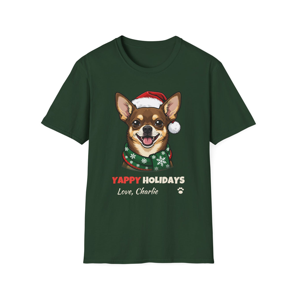 Yappy Holidays Chihuahua Christmas t-shirt in Forest Green, front view