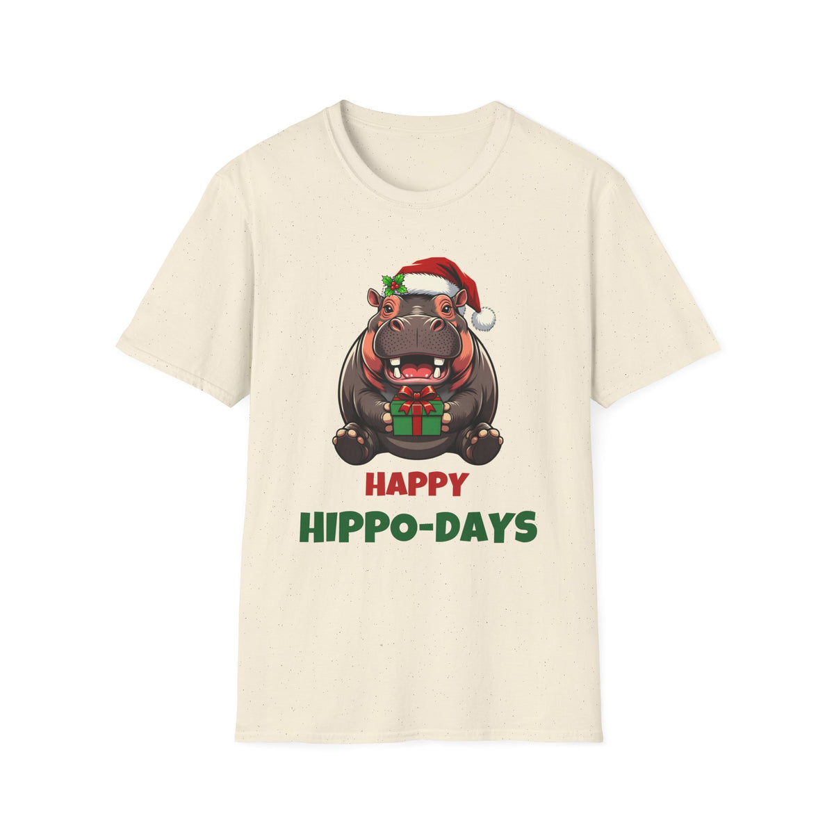 Happy Hippo-Days Christmas t-shirt in Natural, front view