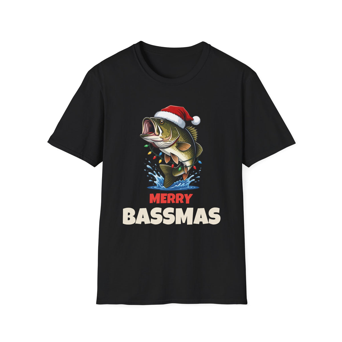 Merry Bassmas Christmas t-shirt in Black, front view