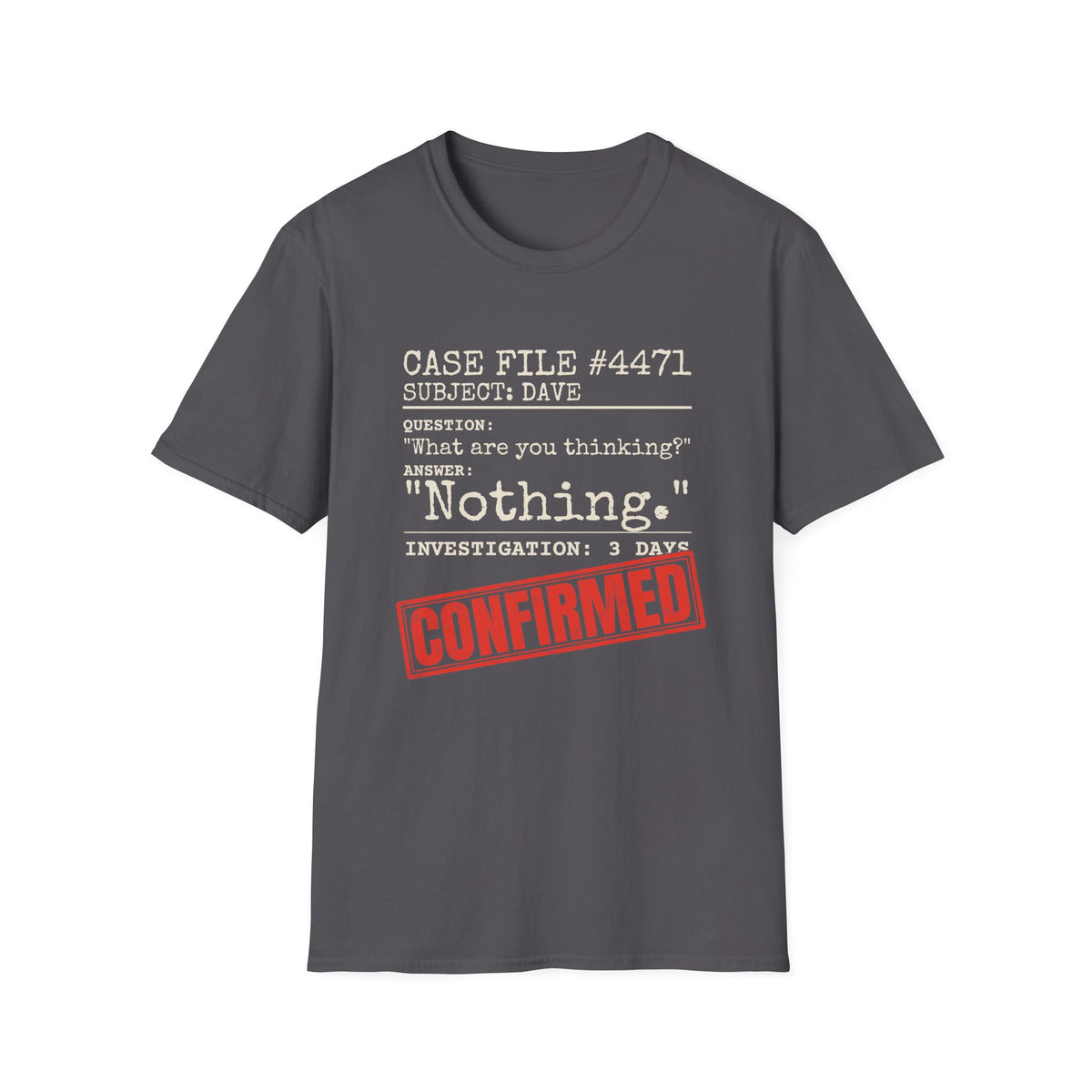 Case File Dad Joke t-shirt in Charcoal, front view