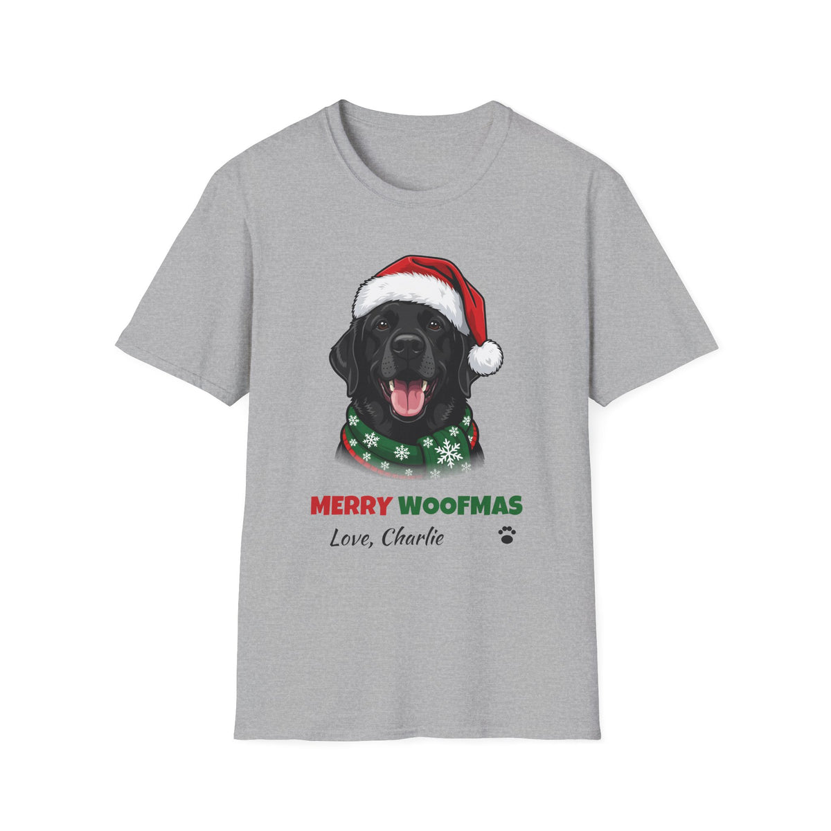 Merry Woofmas Black Labrador Christmas t-shirt in Sport Gray, front view