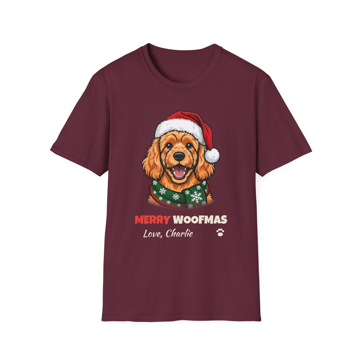 Merry Woofmas Apricot Cavapoo Christmas t-shirt in Maroon, front view