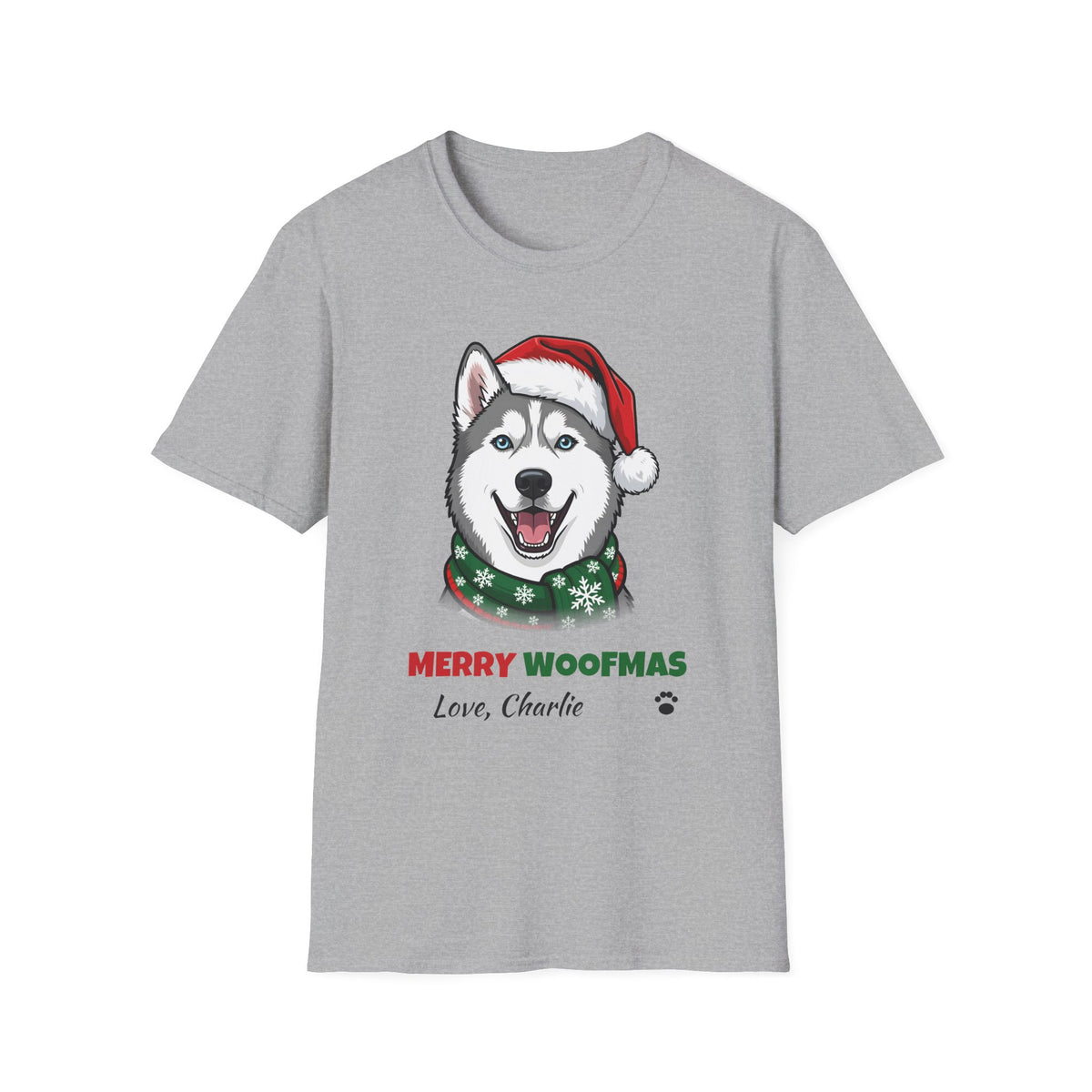 Merry Woofmas Siberian Husky Christmas t-shirt in Sport Gray, front view