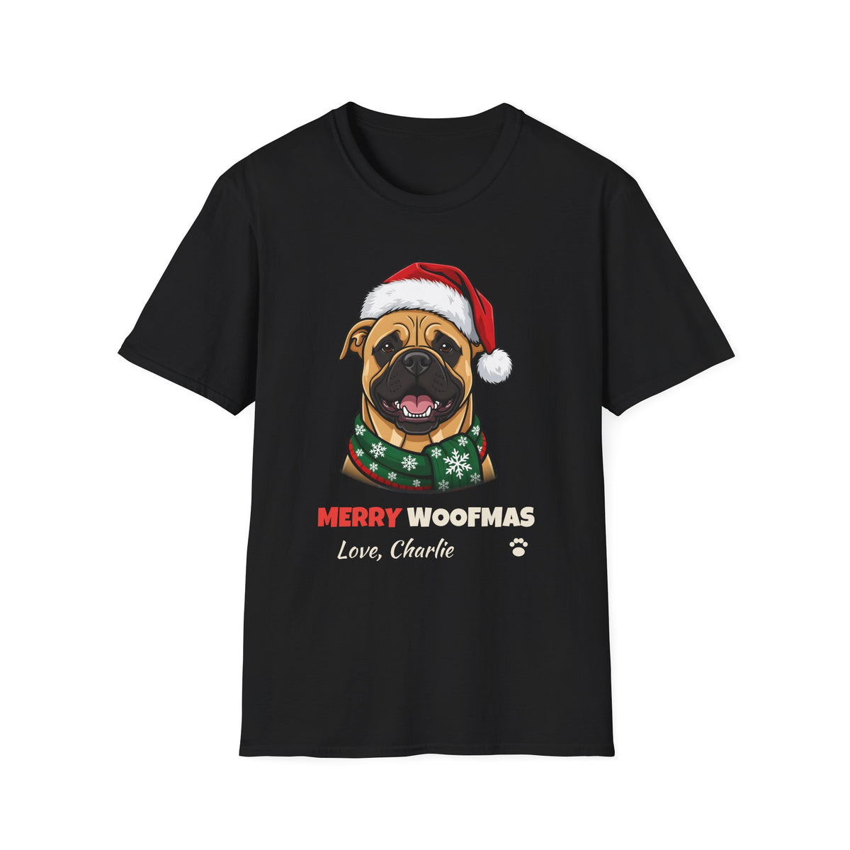 Merry Woofmas Bullmastiff Christmas t-shirt in Black, front view