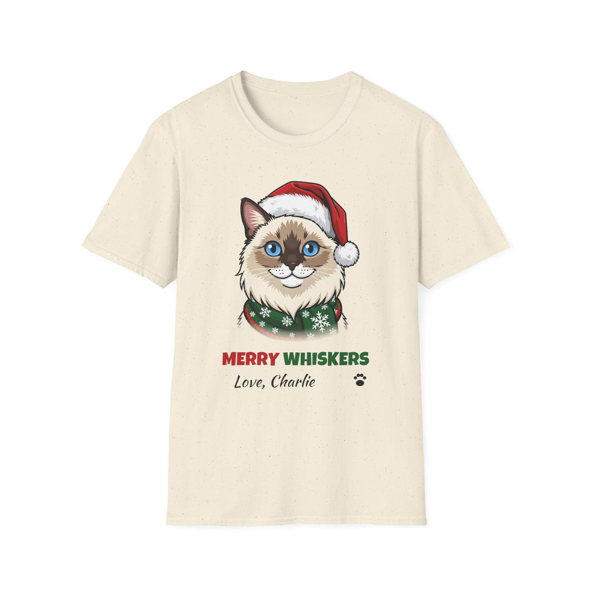 Merry Whiskers Ragdoll Cat Christmas t-shirt in Natural, front view