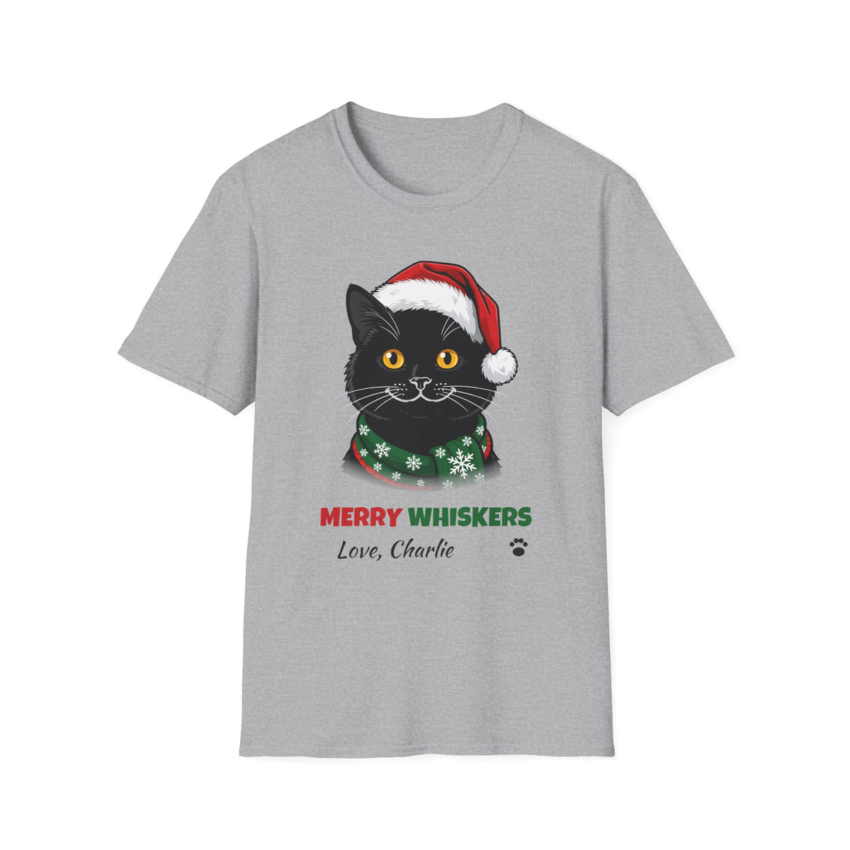 Merry Whiskers Black Cat Christmas t-shirt in Sport Gray, front view