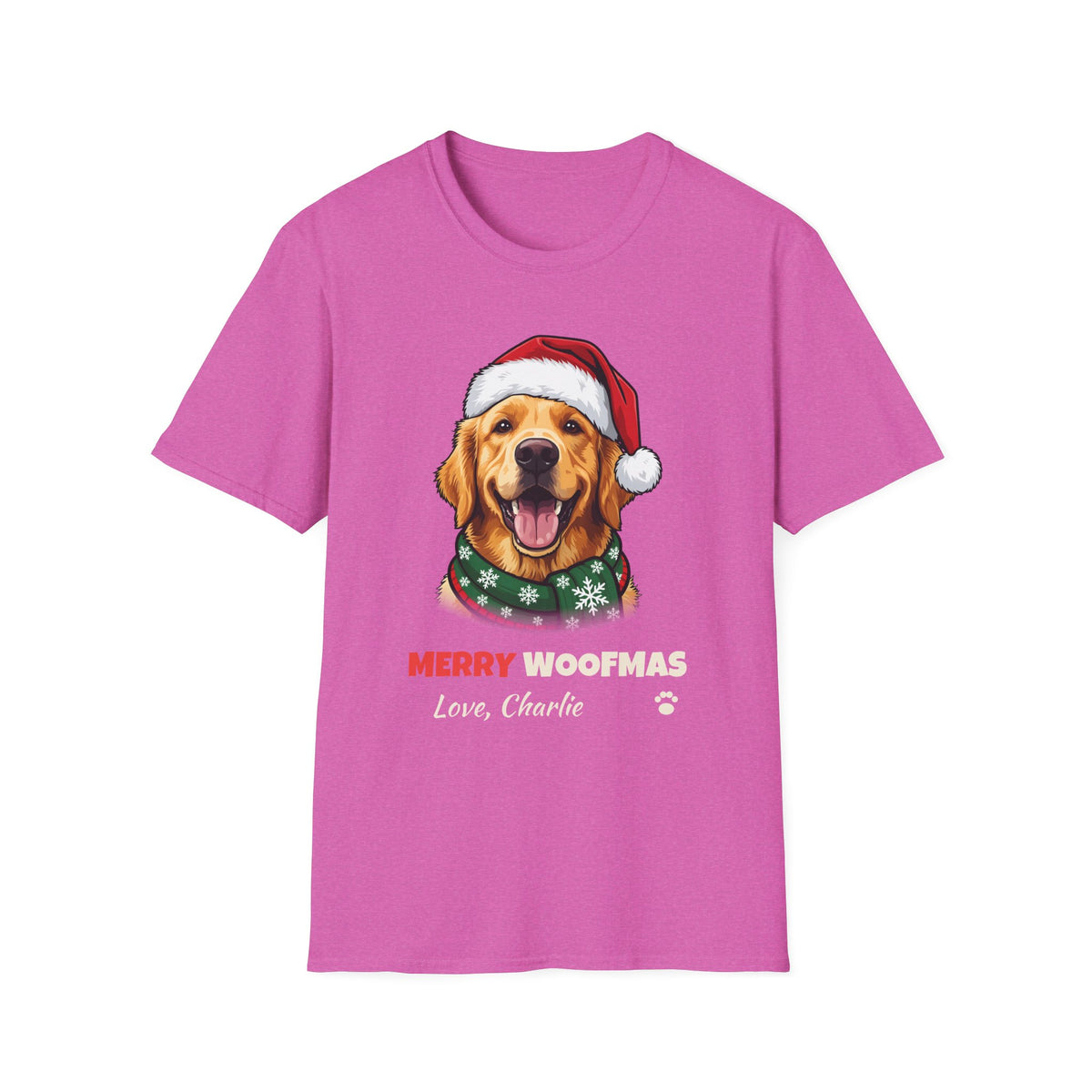 Merry Woofmas Golden Retriever Christmas t-shirt in Heather Berry, front view