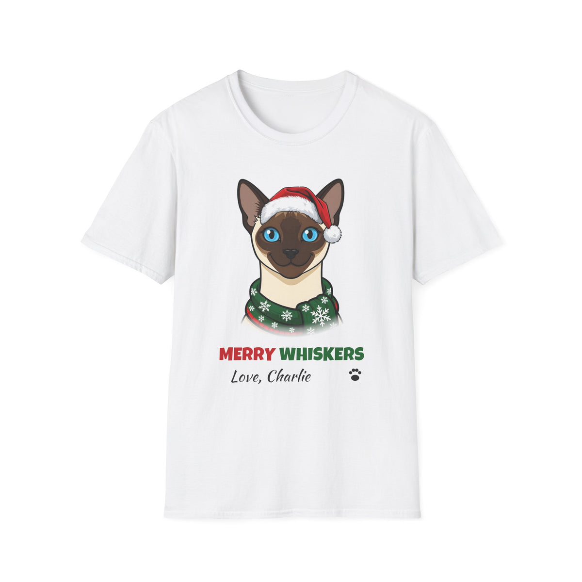 Merry Whiskers Siamese Cat Christmas t-shirt in White, front view