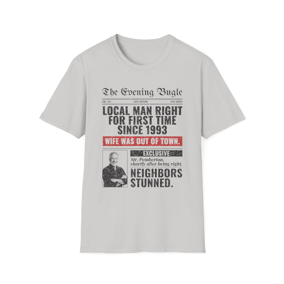 Evening Bugle Dad Joke t-shirt in Ice Gray, front view