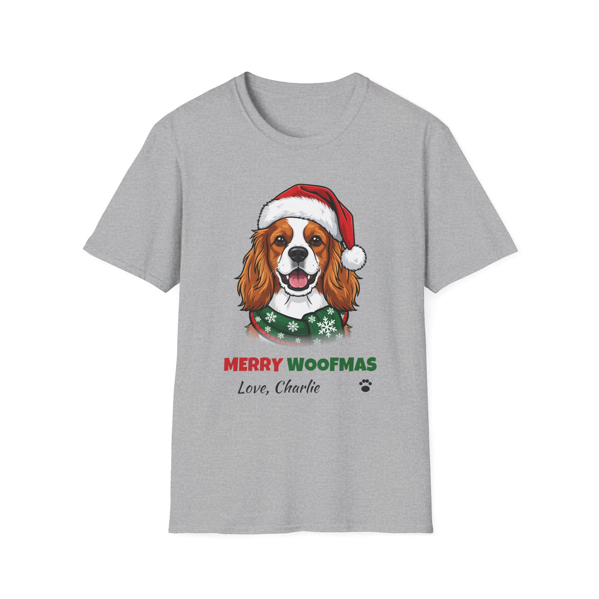 Merry Woofmas Cavalier King Charles Spaniel Christmas t-shirt in Sport Gray, front view