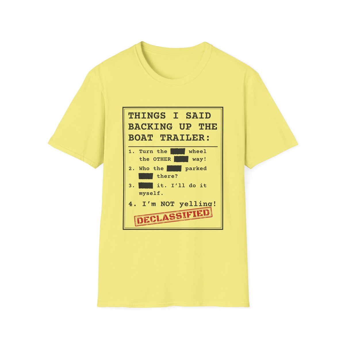 Backing Up the Boat Trailer t-shirt in Cornsilk, front view