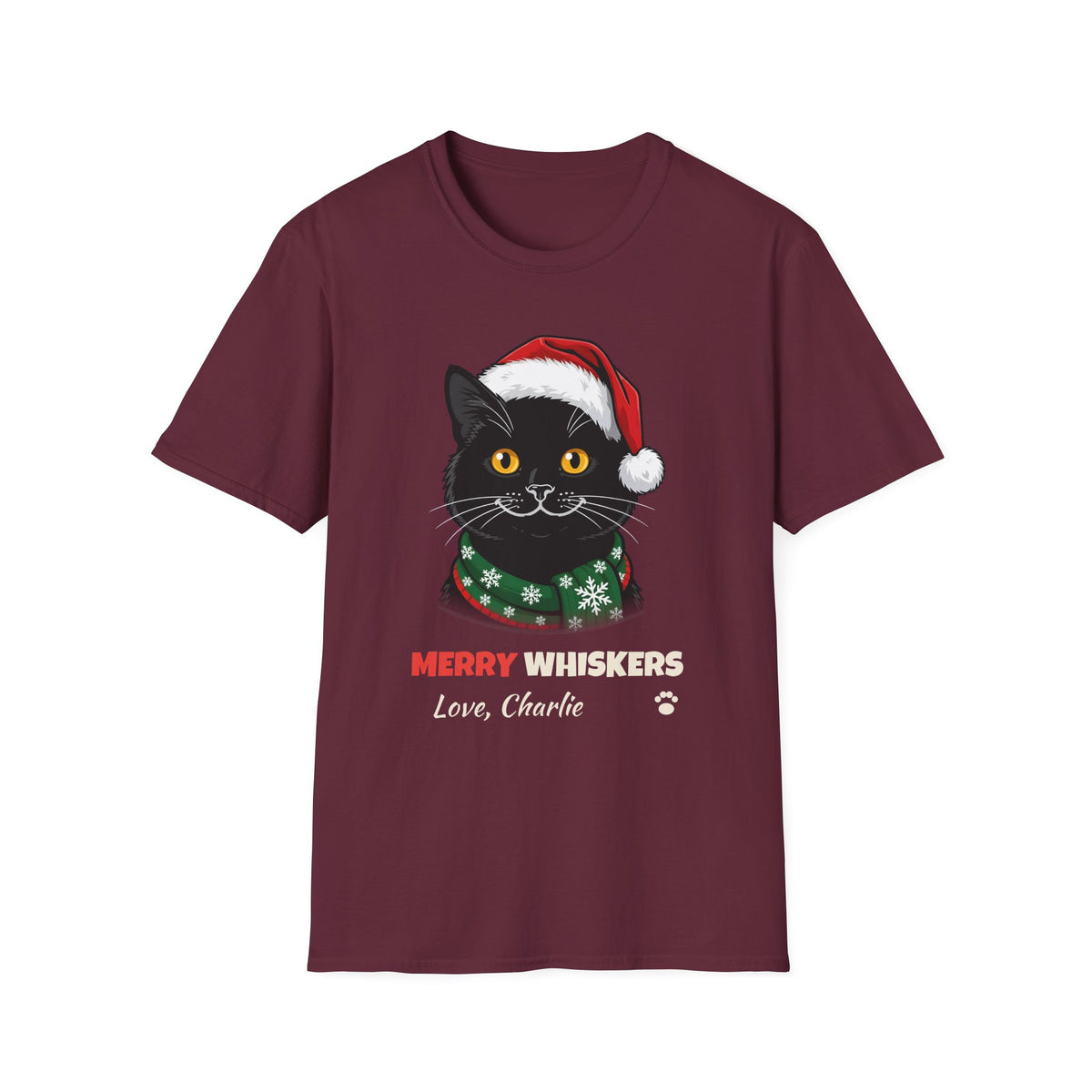 Merry Whiskers Black Cat Christmas t-shirt in Maroon, front view