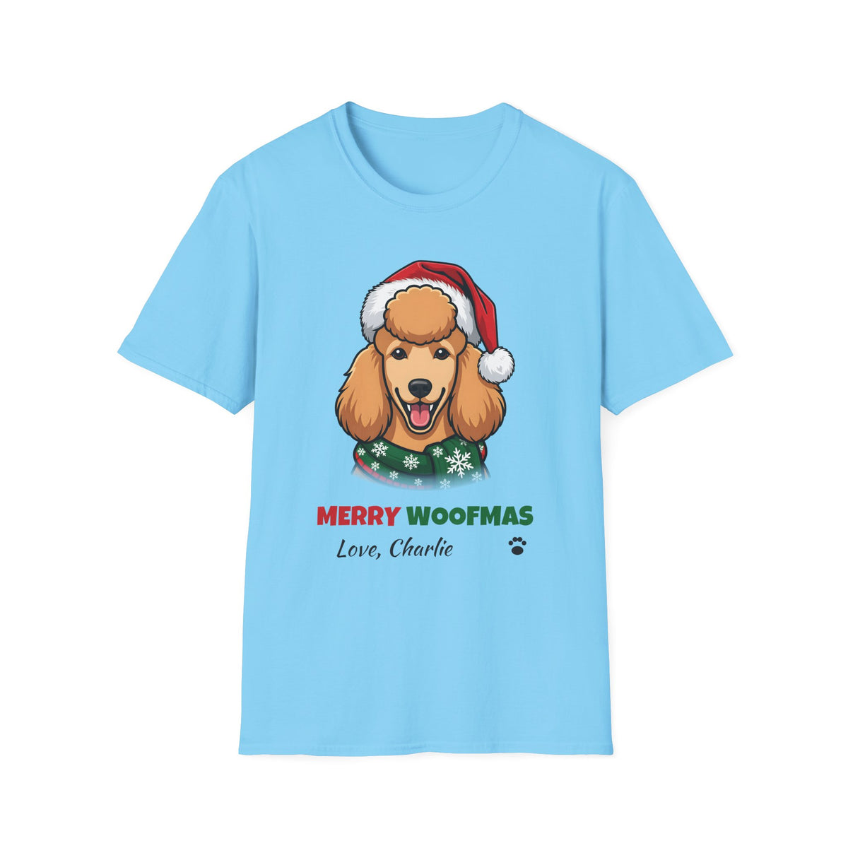 Merry Woofmas Poodle Christmas t-shirt in Sky, front view