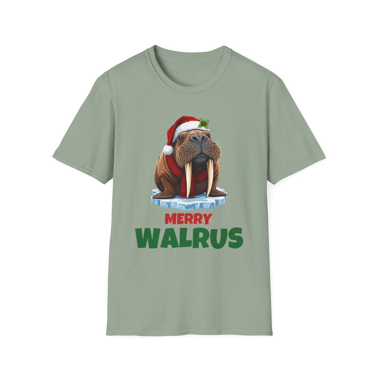 Merry Walrus Christmas t-shirt in Sage, front view