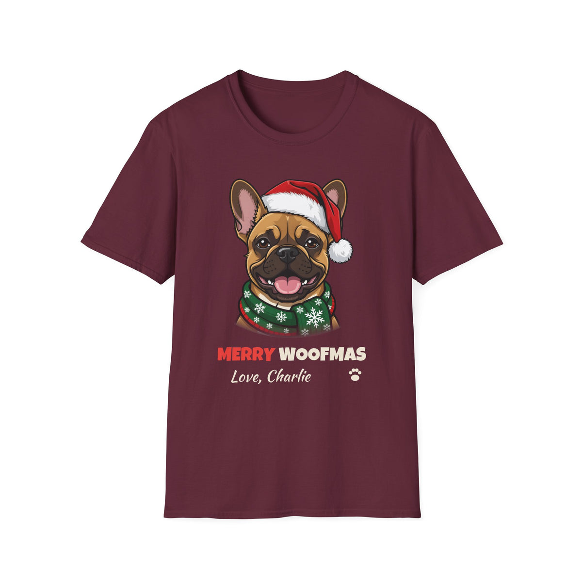 Merry Woofmas French Bulldog Christmas t-shirt in Maroon, front view