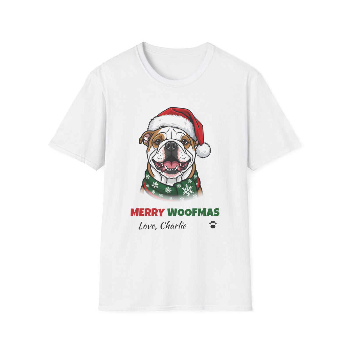 Merry Woofmas Bulldog Christmas t-shirt in White, front view