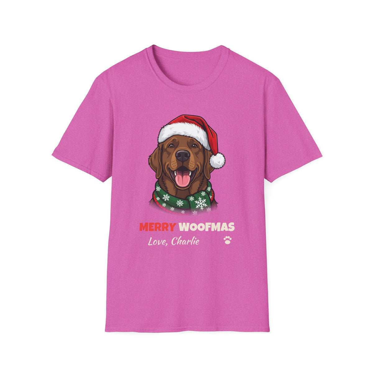 Merry Woofmas Chocolate Labrador Christmas t-shirt in Heather Berry, front view