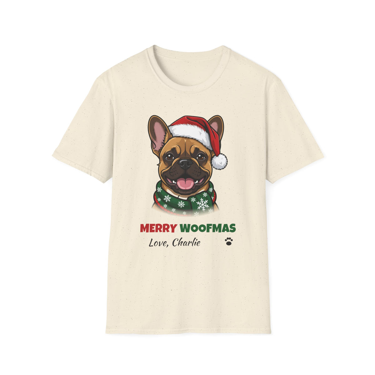 Merry Woofmas French Bulldog Christmas t-shirt in Natural, front view