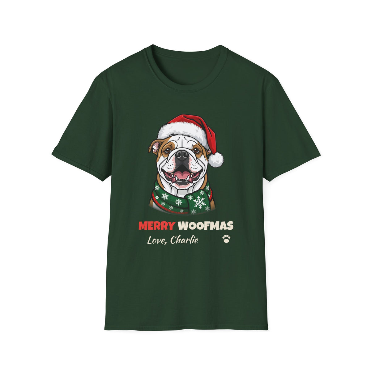 Merry Woofmas Bulldog Christmas t-shirt in Forest Green, front view