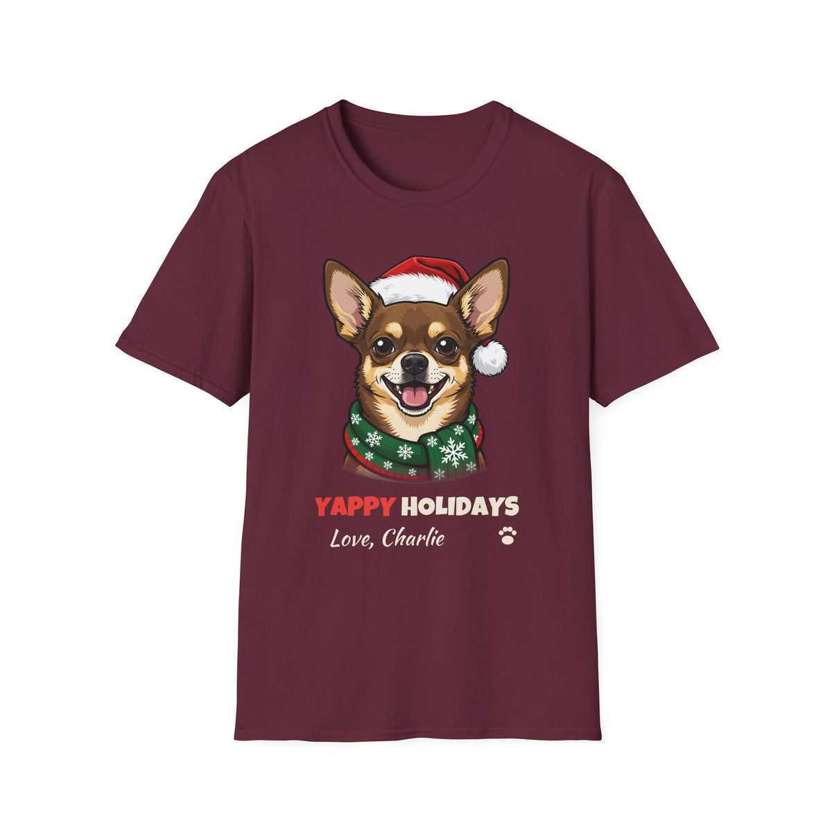 Yappy Holidays Chihuahua Christmas t-shirt in Maroon, front view