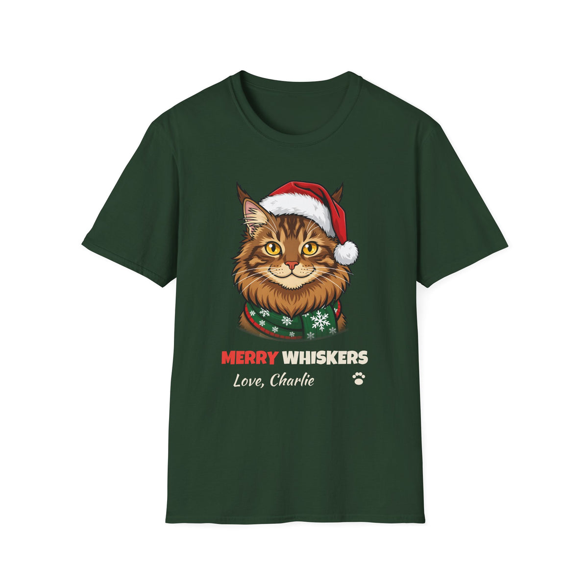 Merry Whiskers Maine Coon Cat Christmas t-shirt in Forest Green, front view