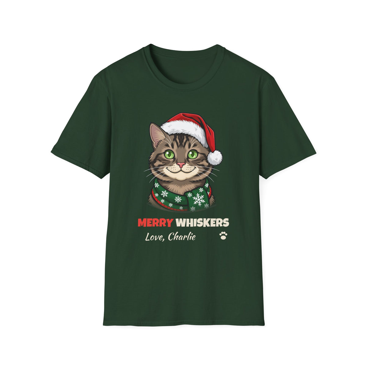 Merry Whiskers Brown Tabby Cat Christmas t-shirt in Forest Green, front view