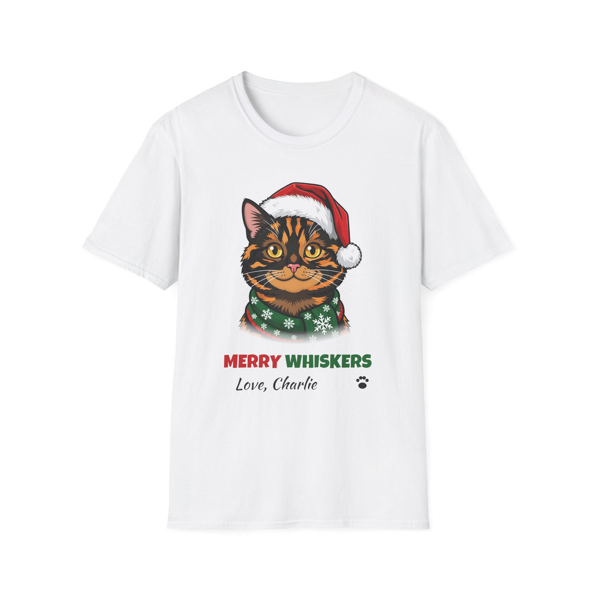 Merry Whiskers Tortoiseshell Cat Christmas t-shirt in White, front view