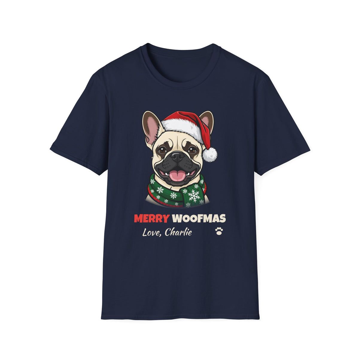Merry Woofmas Cream French Bulldog Christmas t-shirt in Navy, front view
