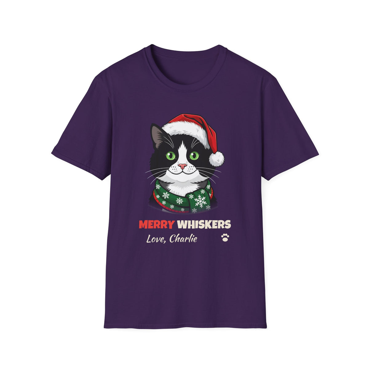 Merry Whiskers Tuxedo Cat Christmas t-shirt in Purple, front view