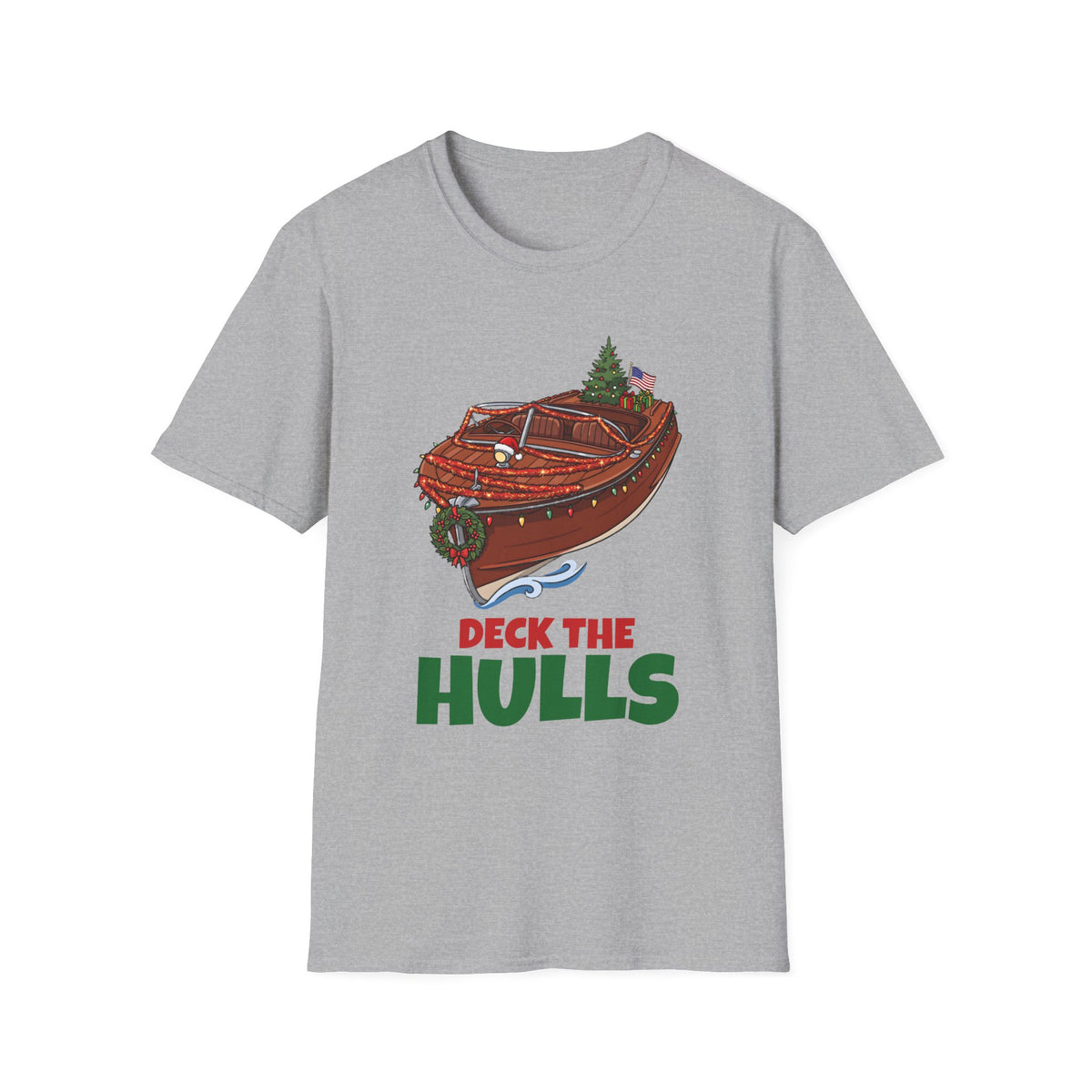 Deck the Hulls Christmas t-shirt in Sport Gray, front view