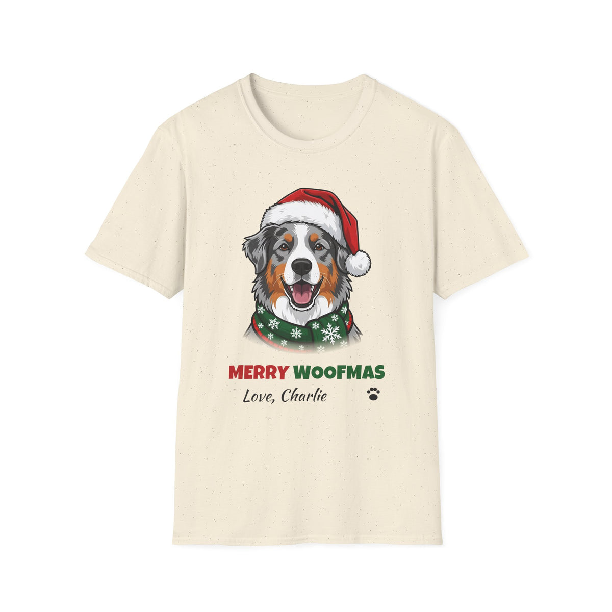 Merry Woofmas Blue Merle Australian Shepherd Christmas t-shirt in Natural, front view
