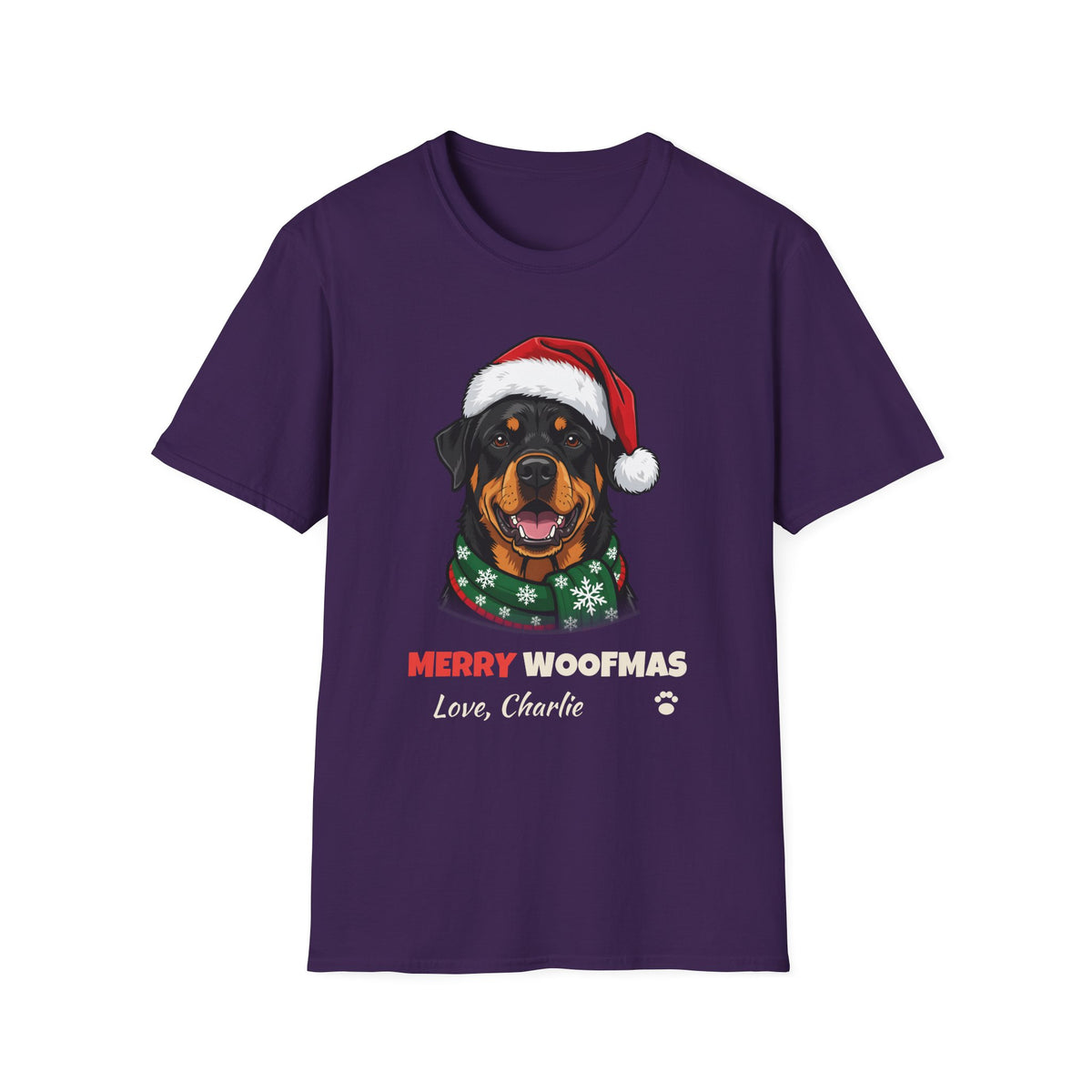 Merry Woofmas Rottweiler Christmas t-shirt in Purple, front view