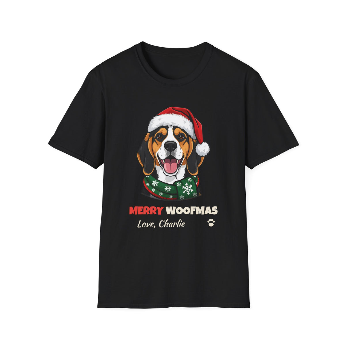 Merry Woofmas Beagle Christmas t-shirt in Black, front view